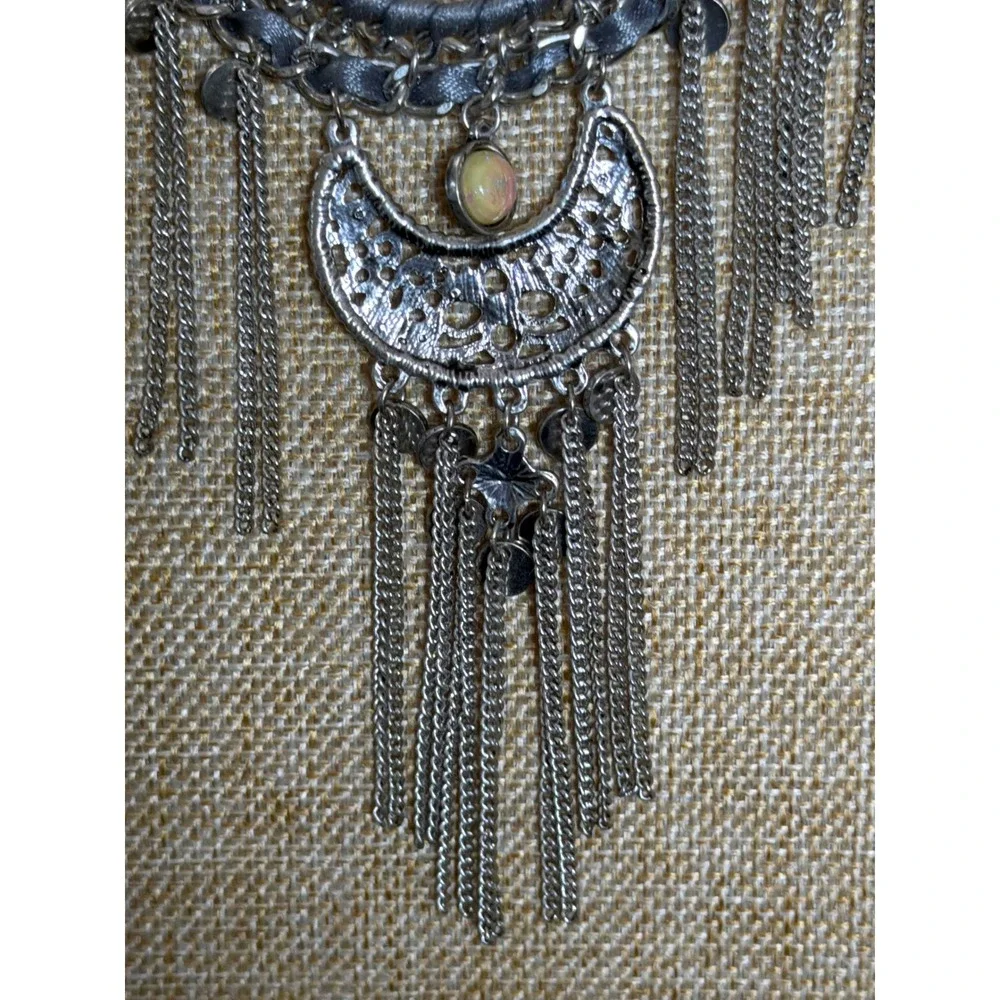 Claires Silver Tone Boho Crescent Moon Fringe Statement Bib Necklace Filigree